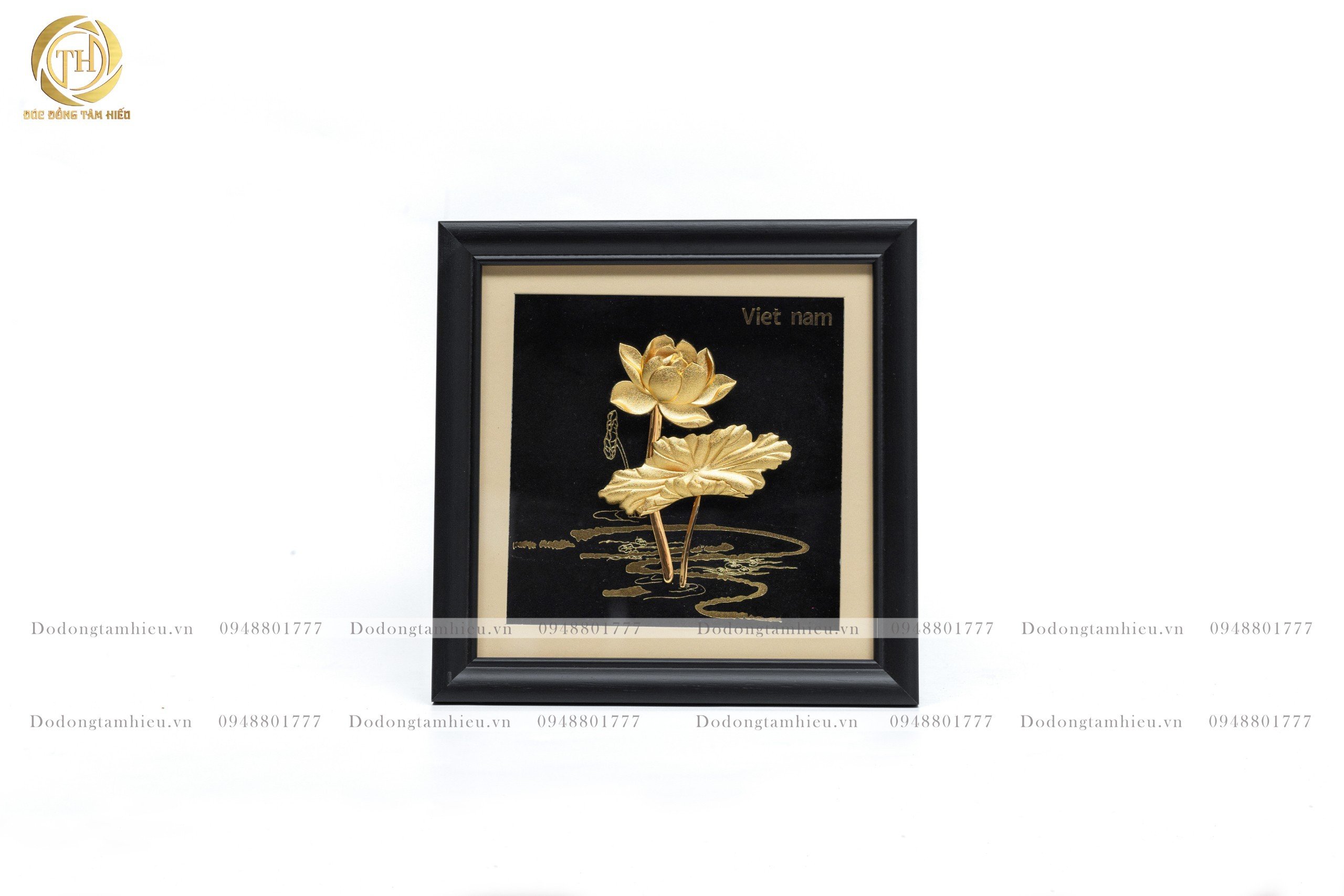 Tranh hoa sen chữ Việt Nam 20cm x 20cm mạ vàng 24k